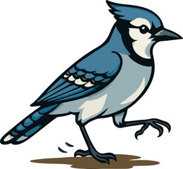 Blue bullfinch illustration on a berry branch, isolated black silhouette of a wild raven on a white tree, and a cute cartoon magpie with outstretched wing