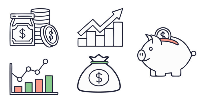 Collection of financial themed graphics showing growth and savings with piggy bank and coin jar