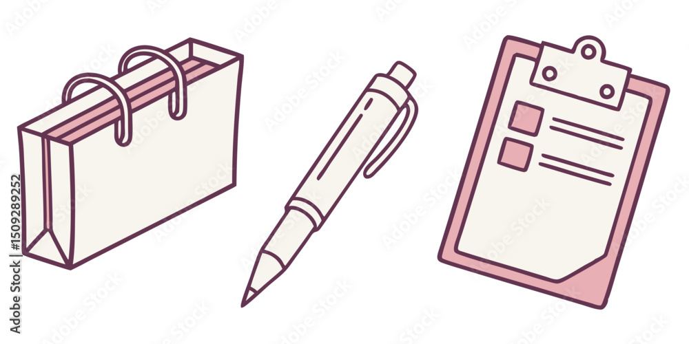Poster a stationery set featuring a notepad, a pen, and a clipboard with checklist items visible on it