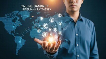 Man presenting currency symbols over a world map with online banknet interbank payments text overlay - Powered by Adobe