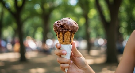 Enjoying Chocolate Ice Cream Cone On Summer Vacation With Blurred Background
