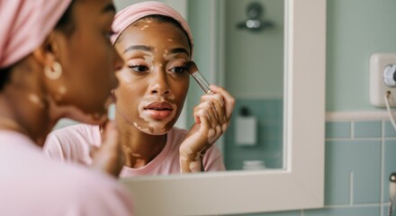 Confident woman applies makeup in bathroom mirror, embracing her vitiligo