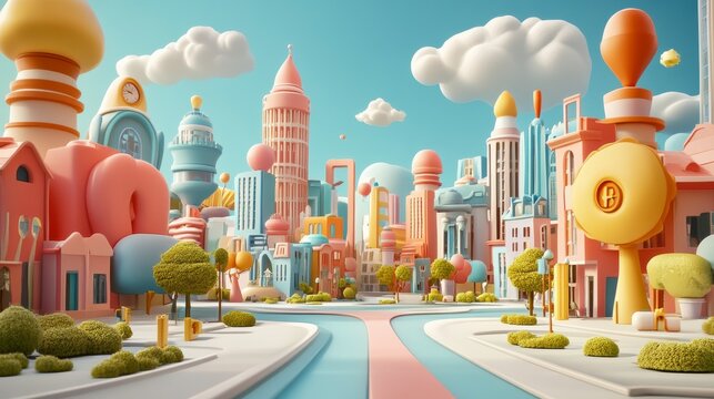 Whimsical 3D-rendered city with colorful buildings, roads, and lush greenery under a bright sky.