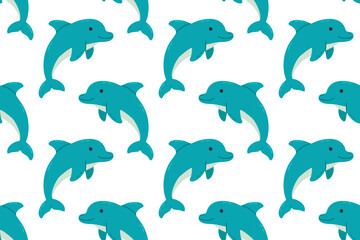 Seamless pattern with blue dolphins swimming on a white background, ideal for marine-themed designs and children’s products