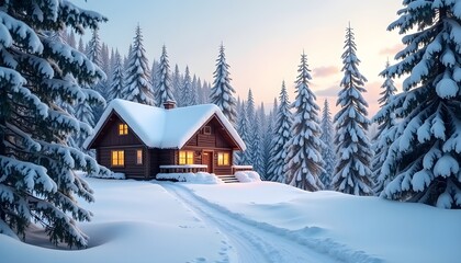 Winter Snowy Landscape with Cozy Cabin and Pine Trees for Holiday Seasons