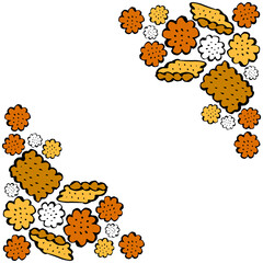 Appetizing cookies, crackers, biscuit pastries, seamless pattern in cartoon style. Frame with baking elements, ruddy buns.