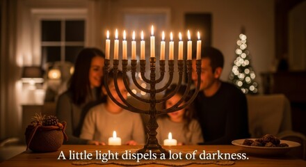 Family Gathering Around a Lit Menorah - A heartwarming scene of family unity, symbolized by a glowing Menorah, warmth, togetherness, and the dispelling of darkness. Hope and light prevail