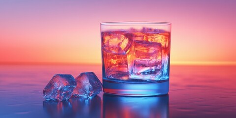 Colorful cocktail with ice glistening under evening light at the beach during sunset