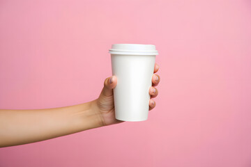 Hand holding a white paper coffee cup with lid on a pink background