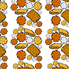 Delicious cookies, crackers, biscuit cakes, in a seamless pattern in cartoon style.