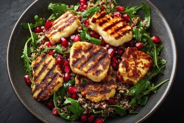 Halloumi Salat Gegrillt Rucola Granatapfel Gesund Vegetarisch Käse Salat Sommerfrisch Proteinreich Leicht Mittagessen Frisch Bunt Mediterran Grillkäse Bowl Nährstoffreich Clean Eating Fitfood
