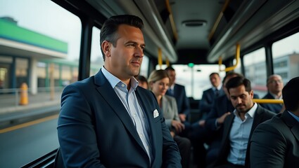 Focused businessman commuting on a bus with diverse professionals