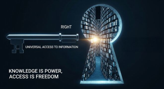 Key to Knowledge: Universal Access to Information - Access, freedom, knowledge, power, . A key unlocks a library, symbolizing universal access to information and the power of knowledge