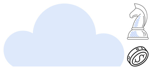 Blue cloud shape with chess knight symbolizing strategy and a coin representing finances. Ideal for technology, business growth, cloud services, strategic planning, digital innovation, investment