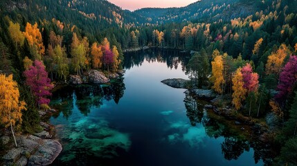 Vibrant autumn landscape with colorful trees surrounding a serene lake at sunset
