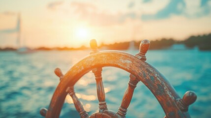 Sunset view from a boat steering wheel on calm waters at seaside