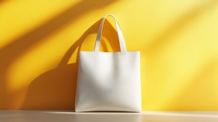 White tote bag on yellow background with sunlight shadows.