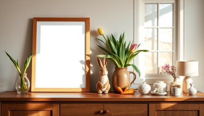 Elegant Easter still life with blank frame, tulips, bunny and soft hues for seasonal greeting or home decor mock-up