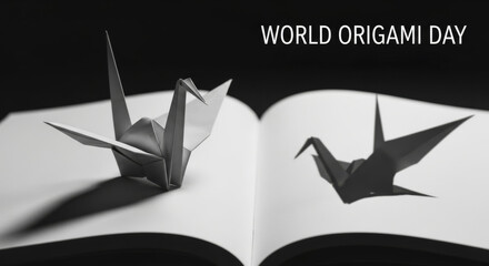 Naklejka premium Paper Crane Transformation: A World of Words - Origami crane, shadow, book, hope, transformation. A single paper crane symbolizes hope, peace, and transformation, its shadow mirroring flight
