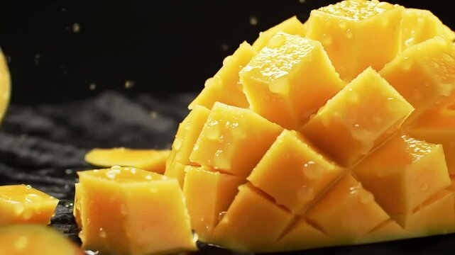 Close up of a ripe mango cut into cubes with some pieces falling against a dark background