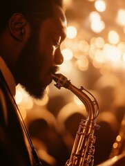 Close-up of a man playing the saxophone. he is wearing a suit and has a beard. the background is blurred, but it appears to be a concert or performance with bright lights shining down on him.