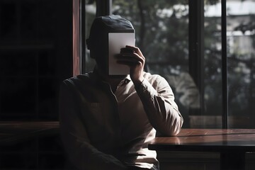 Anonymous man conceals his face with a blank white card, sitting in a dimly lit room. A powerful concept of hidden identity, digital privacy, and online anonymity