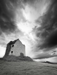 Fototapeta premium Black and white photograph of an old, dilapidated stone structure on a hill.