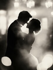 Black and white photograph of a couple in a romantic embrace. the couple is standing close together, with the man's arm around the woman's waist.