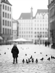 Black and white photograph of a child standing on a cobblestone street. the child is wearing a jacket, pants, and a beanie, and is facing away from the camera.