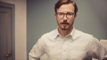 Man with mustache stands near a toilet in bathroom looking at camera with hands on hips for a humorous scene