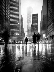 Black and white photograph of a busy city street in the rain. the street is wet and there are people walking on it, some of them are holding umbrellas to protect themselves from the raindrops.