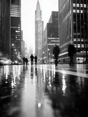 Black and white photograph of a city street in the rain. the street is wet and there are people walking on it. the buildings on either side of the street are tall and modern, with glass windows.