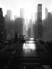 Black and white photograph of a city skyline. the photo is taken from a high vantage point, looking down on the rooftops of the buildings below.