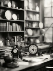Black and white photograph of a desk in an office. the desk is cluttered with various items such as a clock, a lamp, a stack of books, and other office supplies.