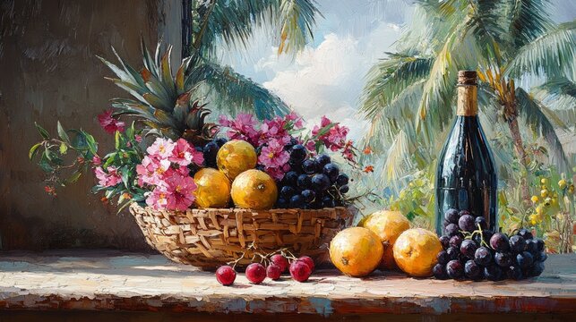 A table setting in a Tahitian village, featuring a woven basket of exotic fruits, rendered in a post-impressionist style.