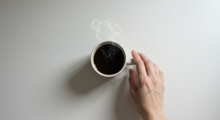 Morning ritual with cup of aromatic coffee and tender touch, minimalist design