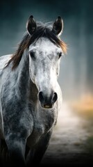 Fototapeta premium Grey horse walks confidently through a misty landscape at dawn in a tranquil countryside setting