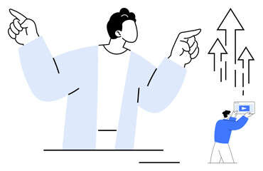 Confident leader pointing at upward arrows symbolizes growth. Team member with a chart supports progress. Ideal for leadership, business, success, growth, teamwork, strategy, simple landing page