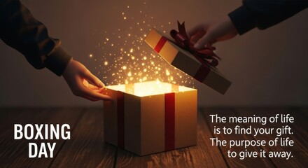 Unveiling Life's Gift: A Boxing Day Reflection - A beautifully wrapped gift box radiates warm light, symbolizing discovery, purpose, giving, joy, and inner light