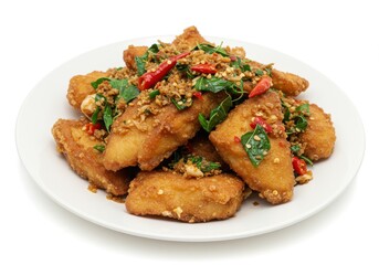 Close up of fried tofu with basil and chili peppers on a white plate ready to be served now