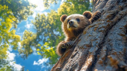 Fototapeta premium A towering sequoia tree in a national park, with a bear cub playfully climbing its thick bark while its mother watches from below. 