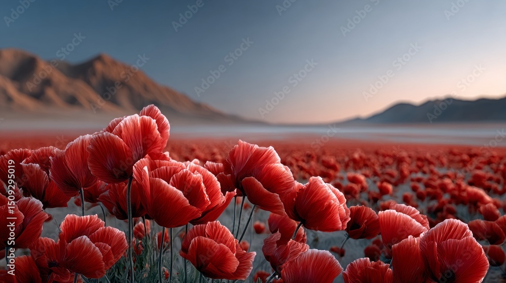 Poster a breathtaking view of a vast poppy field at sunrise, featuring vibrant red flowers gently swaying i