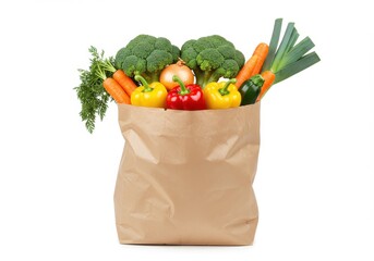 A brown paper bag filled with fresh vegetables including broccoli carrots and bell peppers on white