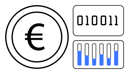 Euro symbol within a circle, binary code panel, and progress bars in blue. Ideal for digital economy, banking, fintech, blockchain, data analytics, financial tracking and simple landing page
