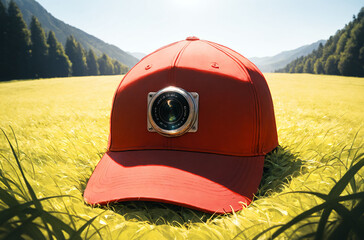 Red baseball cap on a white background.
