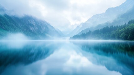 A tranquil lake surrounded by mountains with a mist hovering over the water, creating a gentle, blurred effect that gives a dream-like ambiance. --ar 16:9 --v 6.1 Job ID: d8ba6d49-b8da-4487-aac0-629b2