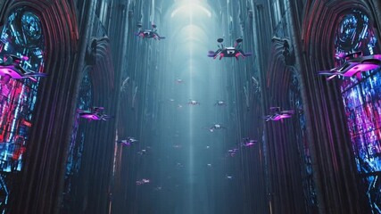 Sci-fi city tunnel dystopian cathedral, cyberpunk stained glass windows glowing circuitry, AI drones light sacred techno architecture, deep industrial symphony, seamless loop, cinematic, 3D abstract