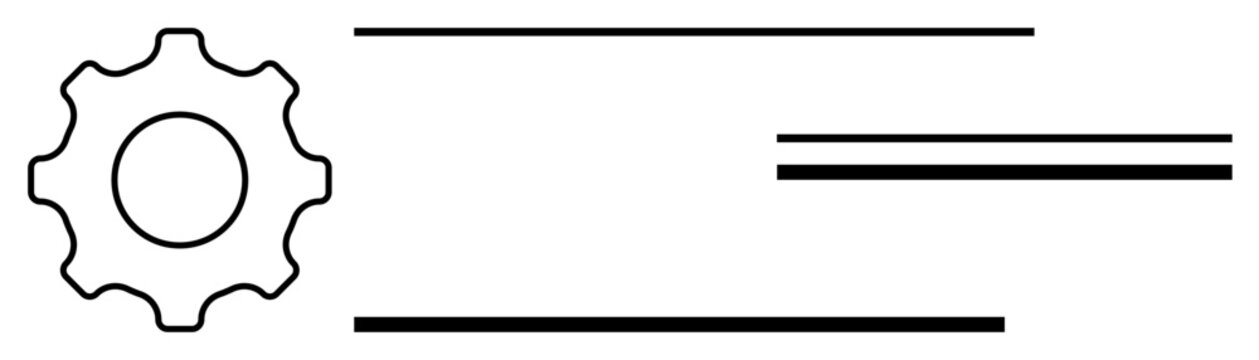 Gear icon alongside parallel horizontal lines symbolizes process, organization, and movement. Ideal for workflow, productivity, automation, tech, manufacturing systems engineering. Flat simple
