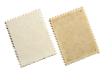 Two postage stamps seen from the back side showing the serrated edges isolated on a transparent background	 view