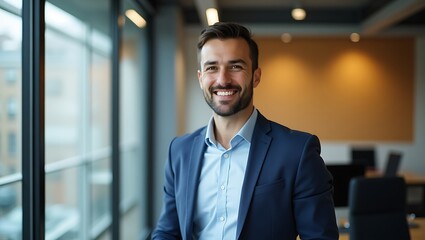 Fototapeta premium Confident young entrepreneur smiling in a modern office environment